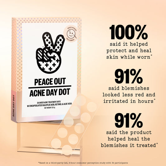 Peace Out Acne Day Dot packaging with customer feedback on a beige background