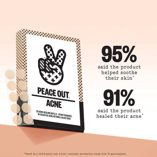 Product packaging for 'Peace Out Acne' with statistics on skin benefits on a beige background