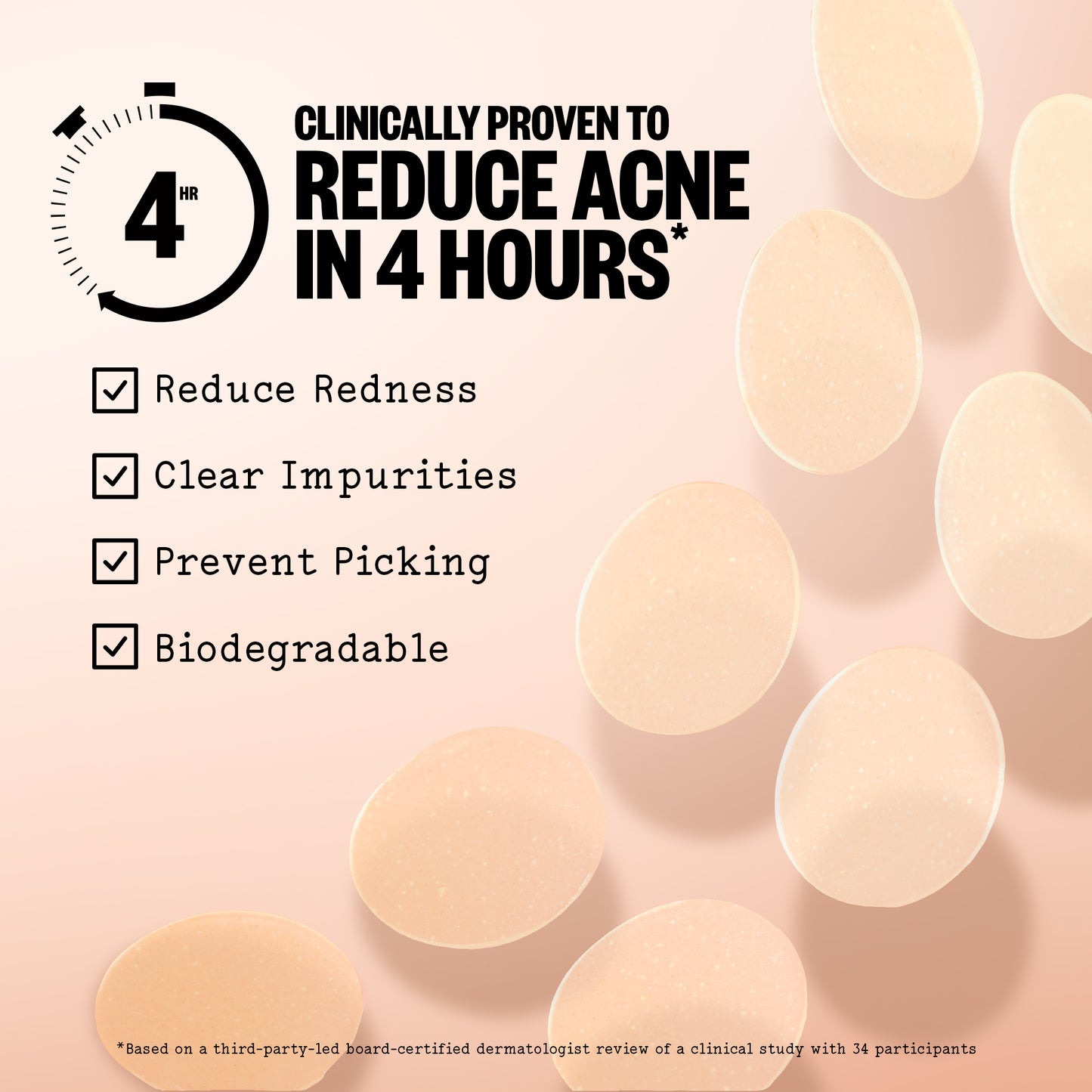 A peach-toned skincare graphic with several translucent oval pads scattered across the frame. Large black text reads 'Clinically proven to reduce acne in 4 hours' with a '4 hr' icon, and a checklist lists benefits: reduce redness, clear impurities, prevent picking, and biodegradable.