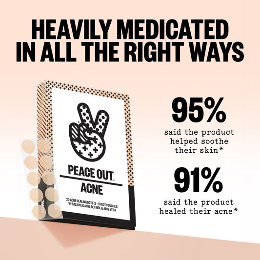 A promotional graphic for Peace Out Acne Treatment Dots with text: 'HEAVILY MEDICATED IN ALL THE RIGHT WAYS,' '95% said the product helped soothe their skin,' and '91% said the product healed their acne.'.