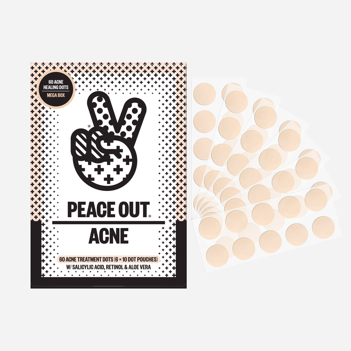Peace Out Acne Treatment Patch Mega Pack 60-count box packaging.