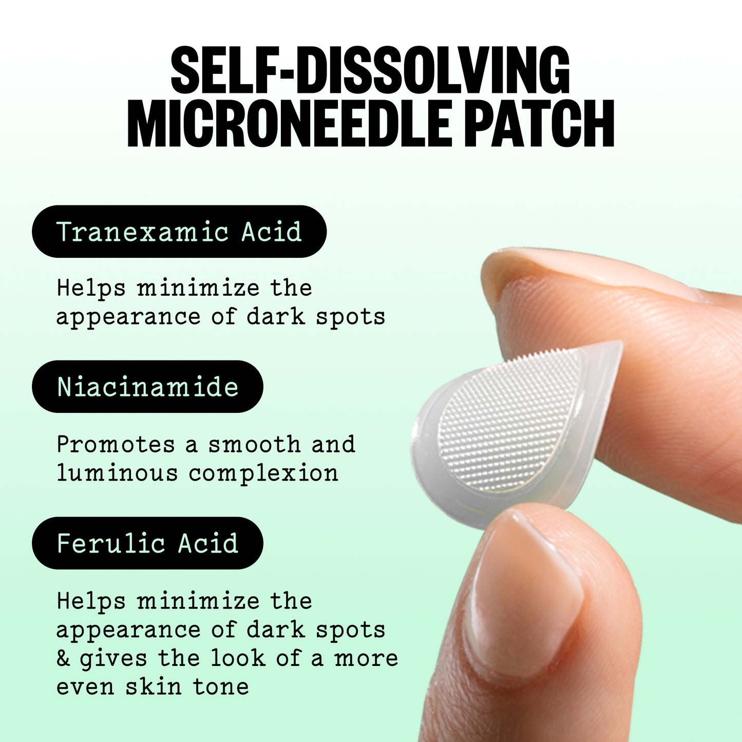 A close-up of a finger holding a small translucent self-dissolving microneedle patch, with text listing ingredients: tranexamic acid, niacinamide, and ferulic acid.