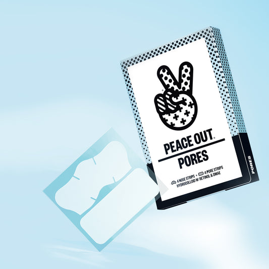 Pore strip packaging with 'Peace Out Pores' branding on a light blue background