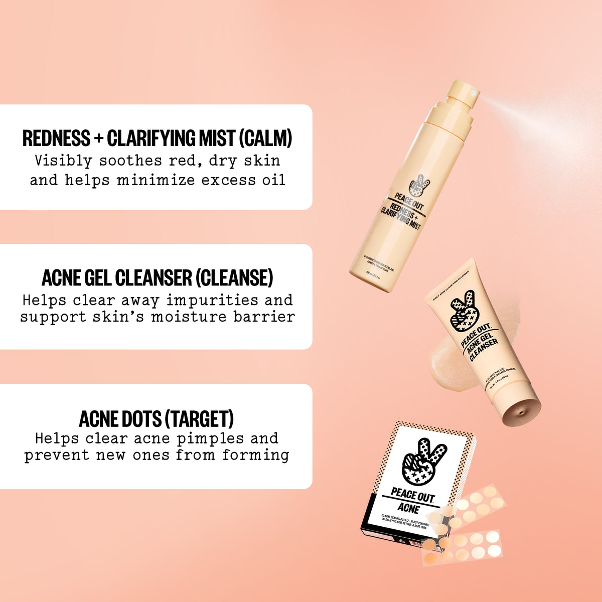 Peace Out Redness + Clarifying Mist shown with complementary Peace Out products.