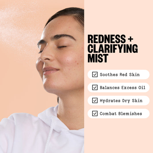 A woman with closed eyes applies Peace Out Redness + Clarifying Mist with bullet points listing benefits: 'Soothes Red Skin,' 'Balances Excess Oil,' 'Hydrates Dry Skin,' and 'Combat Blemishes.'.