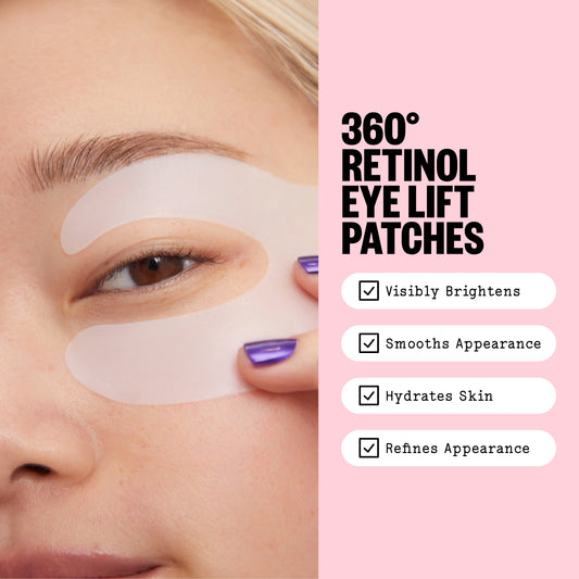Close-up of a person applying a translucent under-eye patch to their eye, with text on a pink background reading '360° RETINOL EYE LIFT PATCHES' and feature checkmarks.