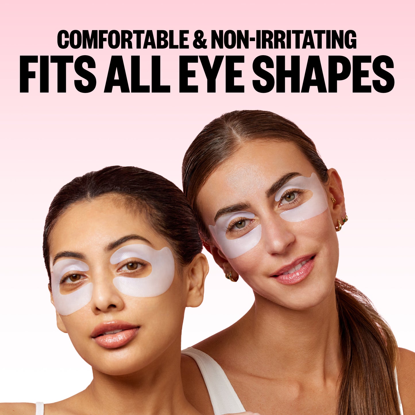 Two women wearing eye patches with text 'Comfortable & Non-Irritating Fits All Eye Shapes' on a pink background