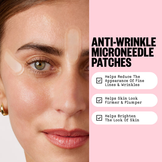 Close-up of a woman's face with three translucent anti-wrinkle patches applied to her forehead, under-eye area, and cheek. The right side has a pink panel with the text 'ANTI-WRINKLE MICRONEEDLE PATCHES' and three benefit bullet points.