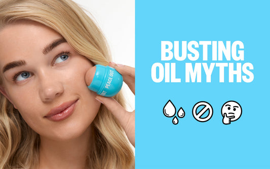 A blonde woman uses the Peace Out Oil Control Roller next to the caption "Busting Oil Myths"