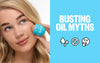 A blonde woman uses the Peace Out Oil Control Roller next to the caption "Busting Oil Myths"