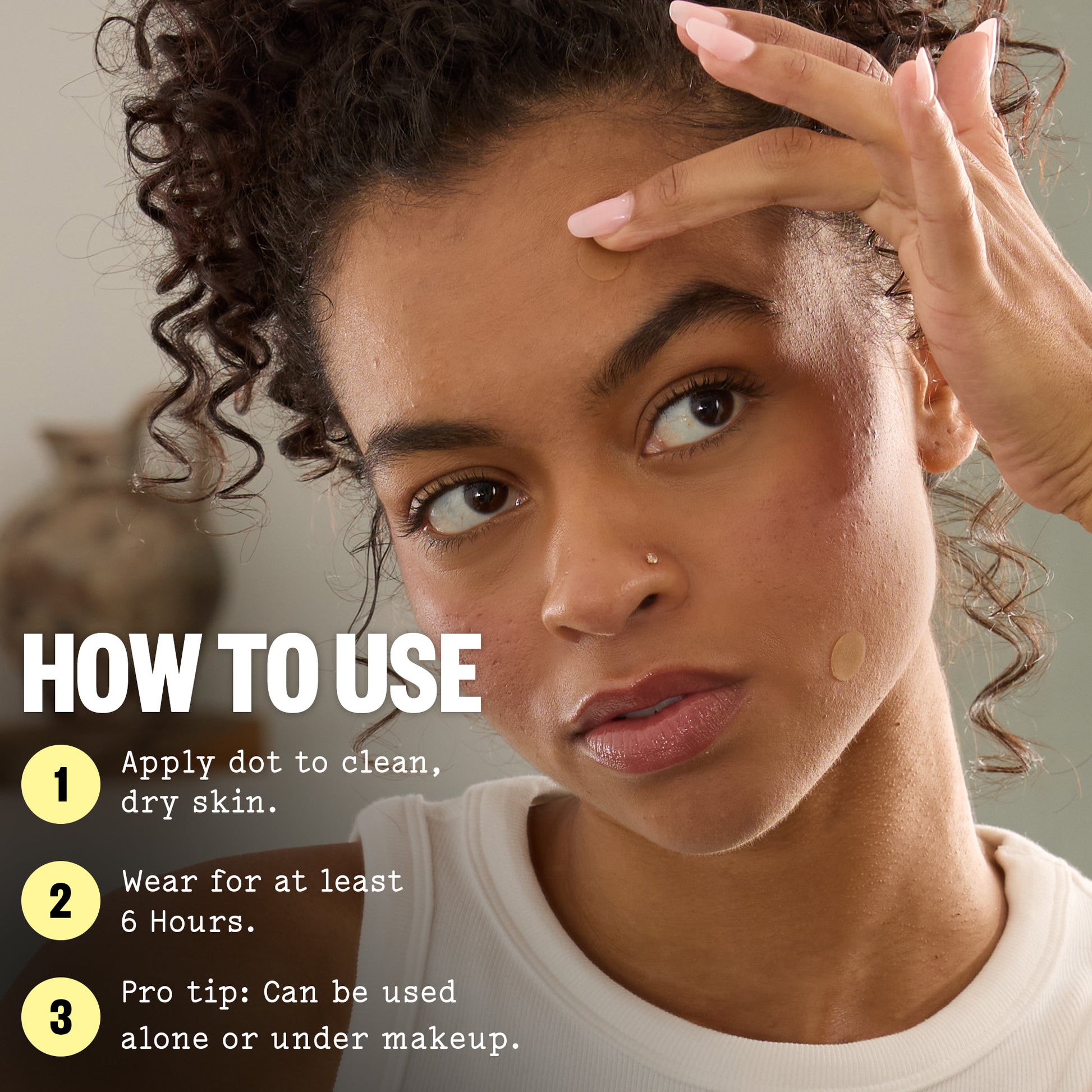 Woman applying Acne Day Dot with text on how to use it