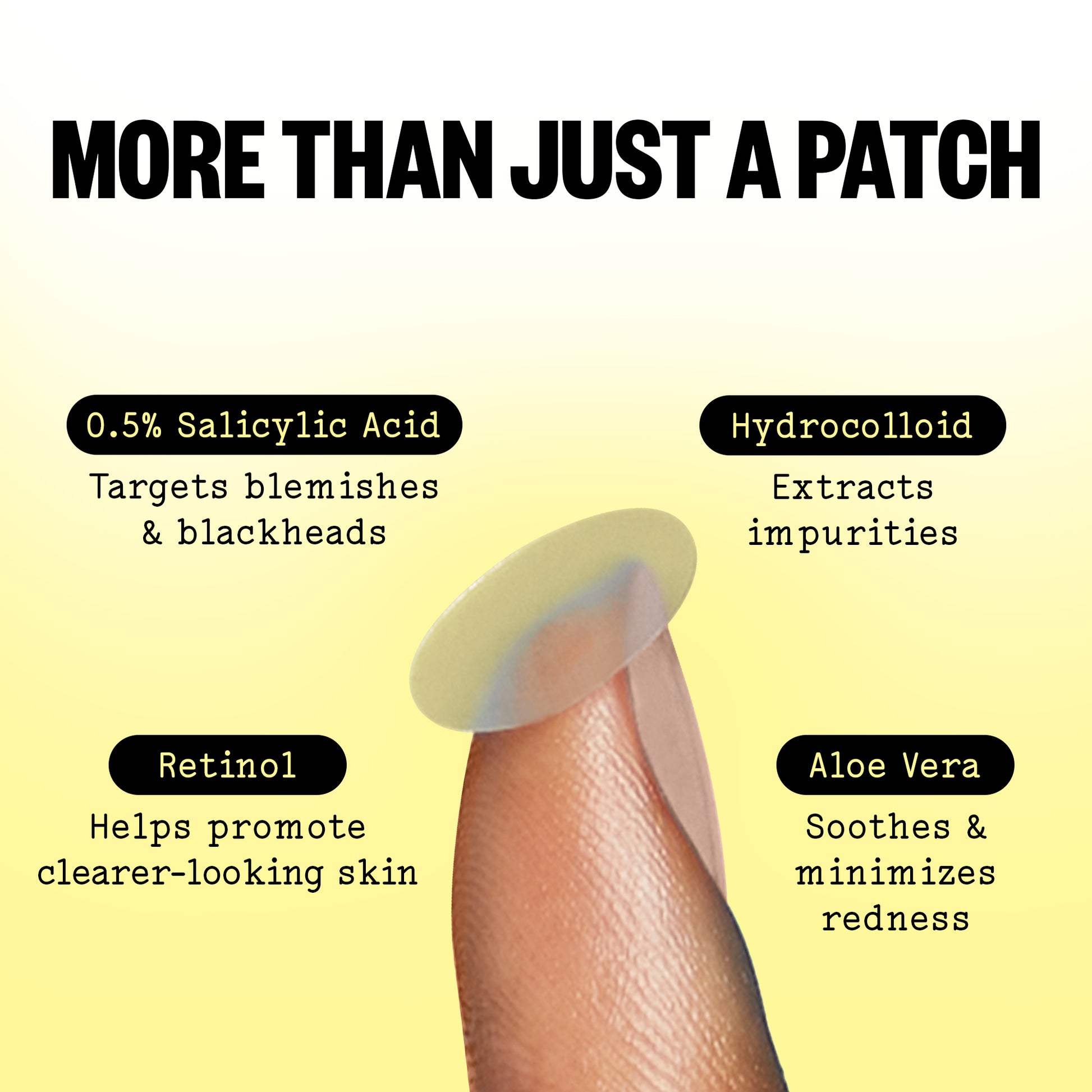 Acne Day Dot skin patch with text highlighting its ingredients and benefits on a yellow background