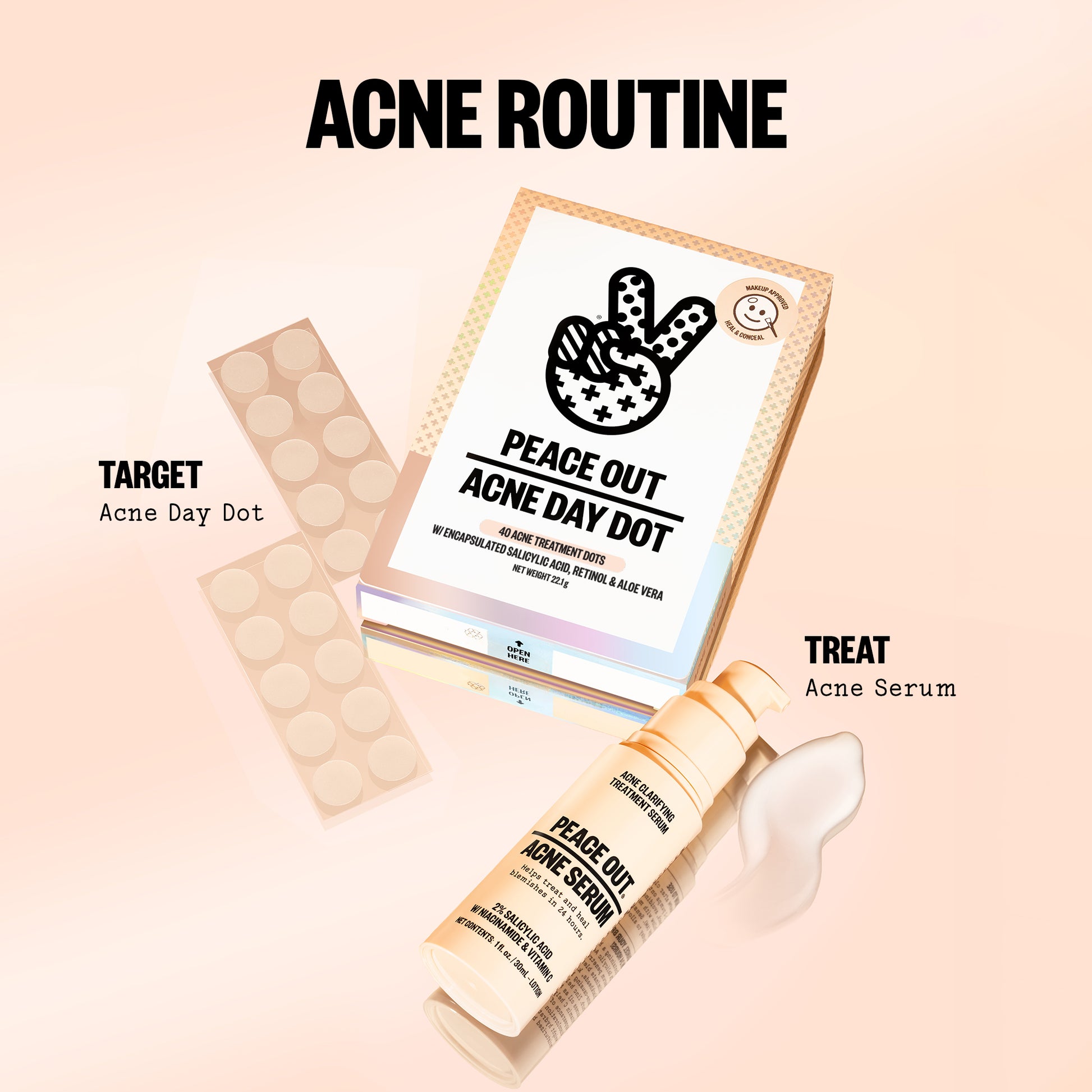 Acne treatment products including a day dot, serum, and packaging on a beige background with 'Acne Routine' text.