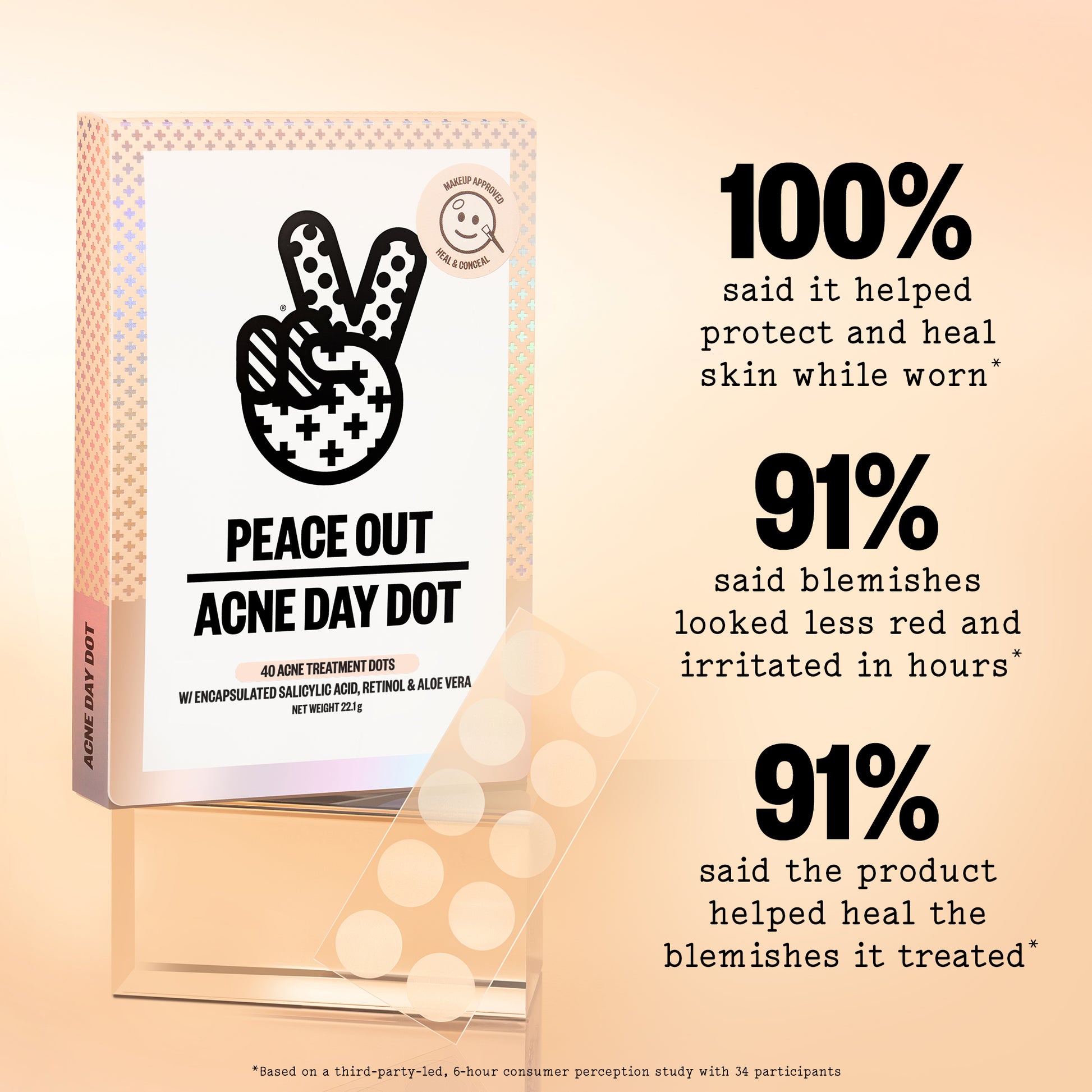 Peace Out Acne Day Dot packaging with customer feedback on a beige background