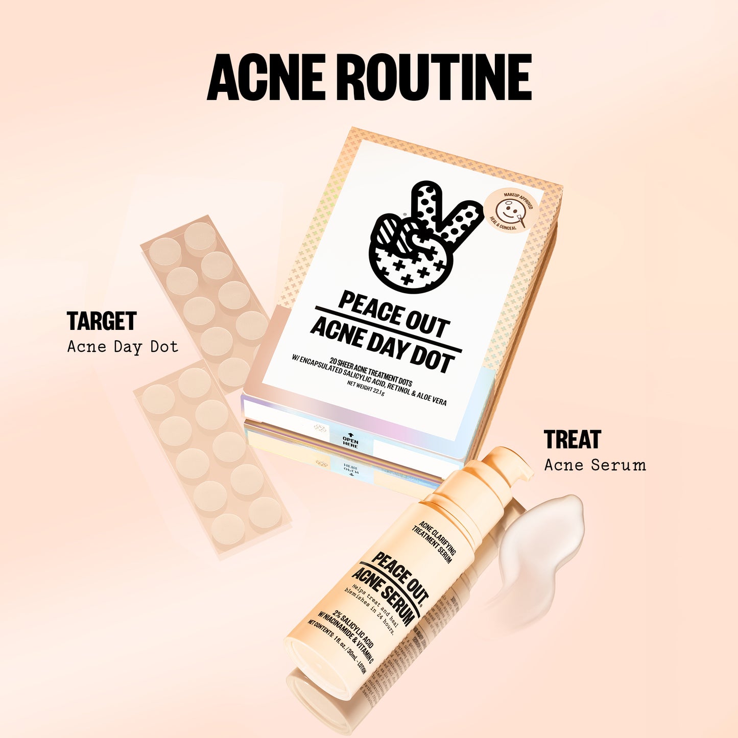 Acne treatment products including a day dot, serum, and packaging on a beige background with 'Acne Routine' text.