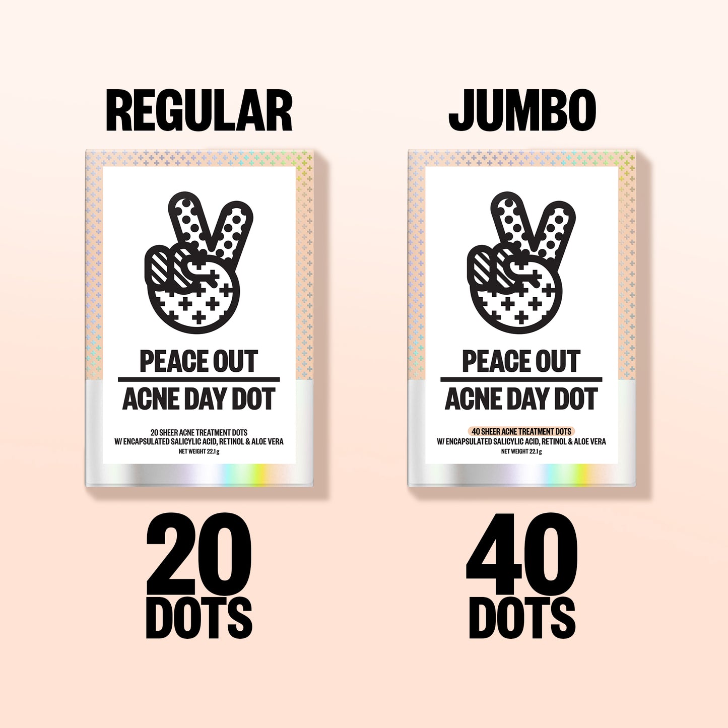 Two packages of 'Peace Out Acne Day Dot' with 'Regular' and 'Jumbo' labels on a light pink background.