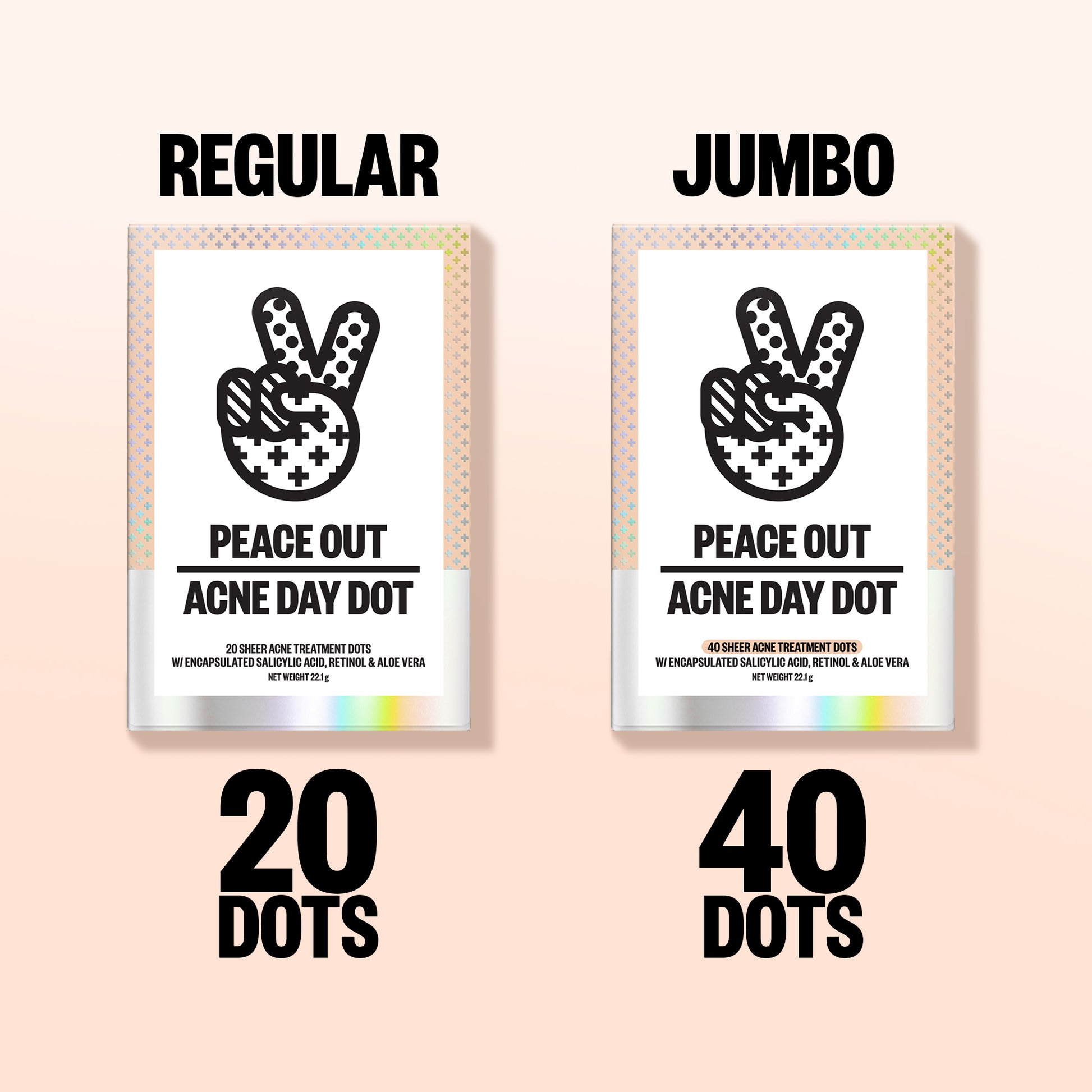 Two packages of 'Peace Out Acne Day Dot' with 'Regular' and 'Jumbo' labels on a light pink background.