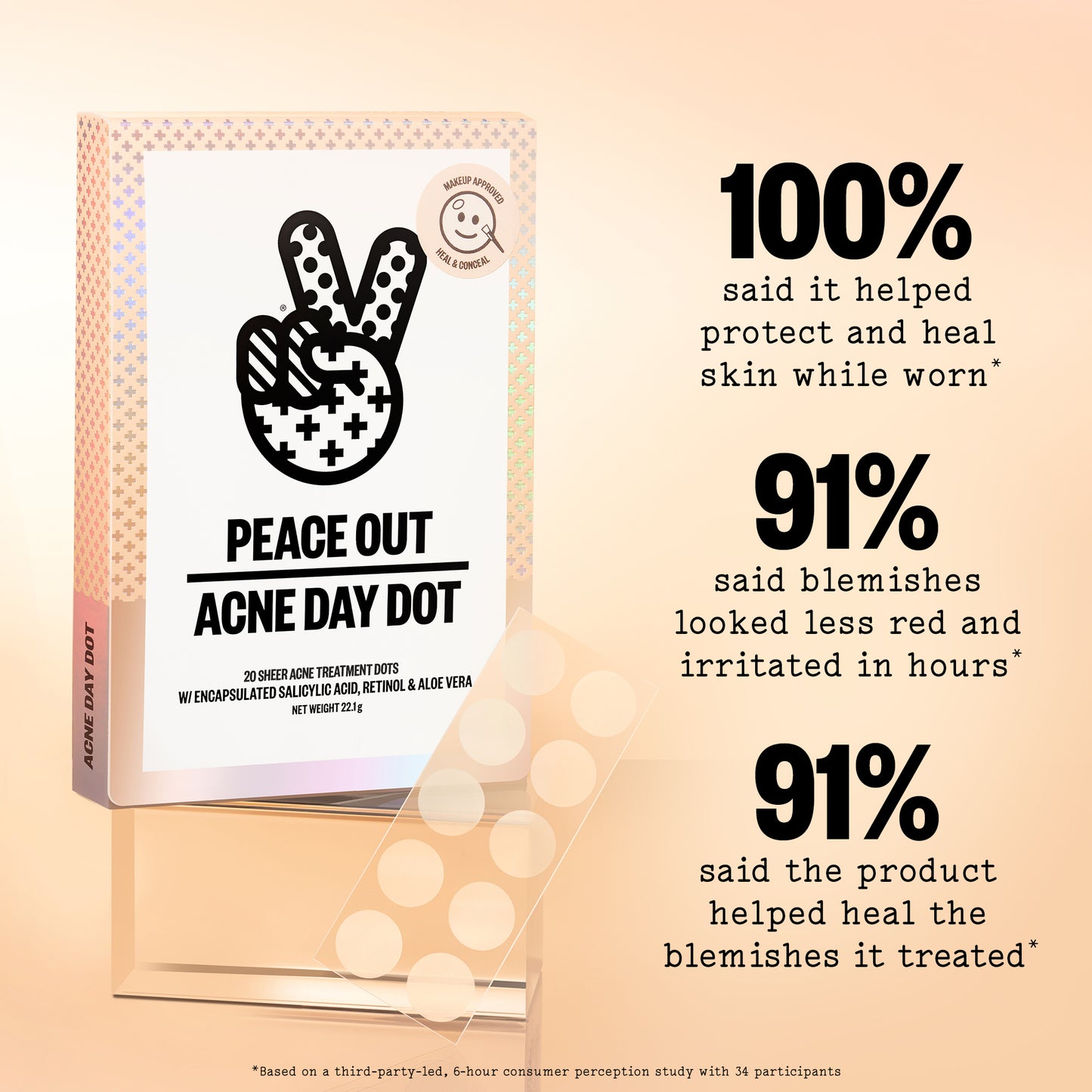 Peace Out Acne Day Dot packaging with customer feedback on a beige background