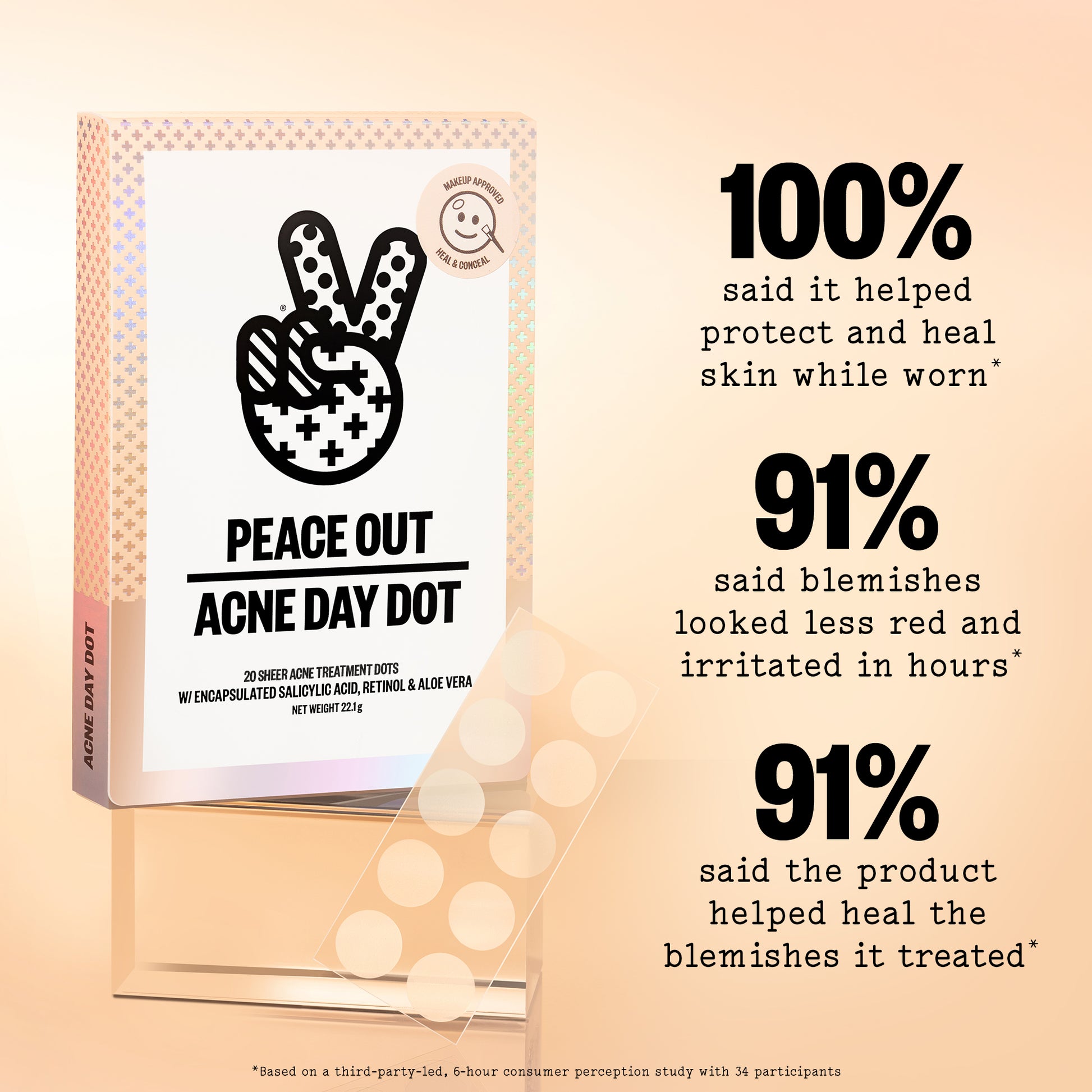 Peace Out Acne Day Dot packaging with customer feedback on a beige background