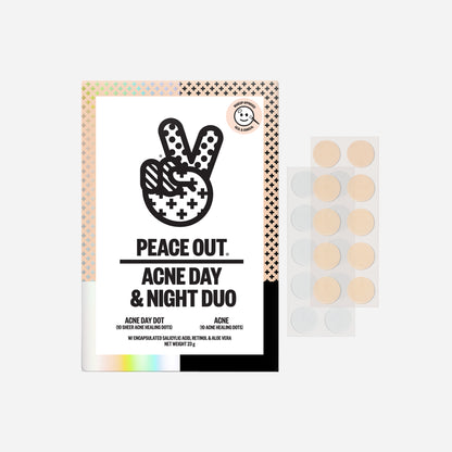 Peace Out Acne Day & Night Duo packaging with the Day Patch and Night Patch boxes side by side.