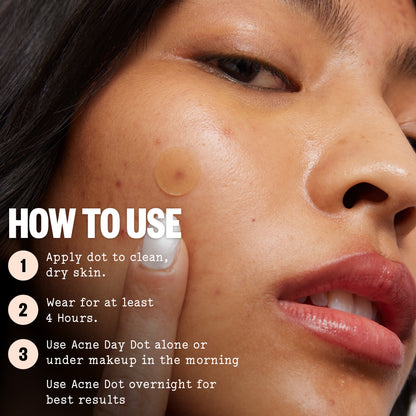 Close-up of a person applying a Peace Out acne patch to a blemish, with step-by-step instructions.
