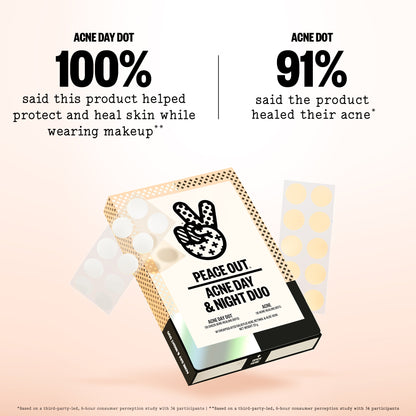 Peace Out Acne Day & Night Duo packaging beside on-image customer testimonial text.