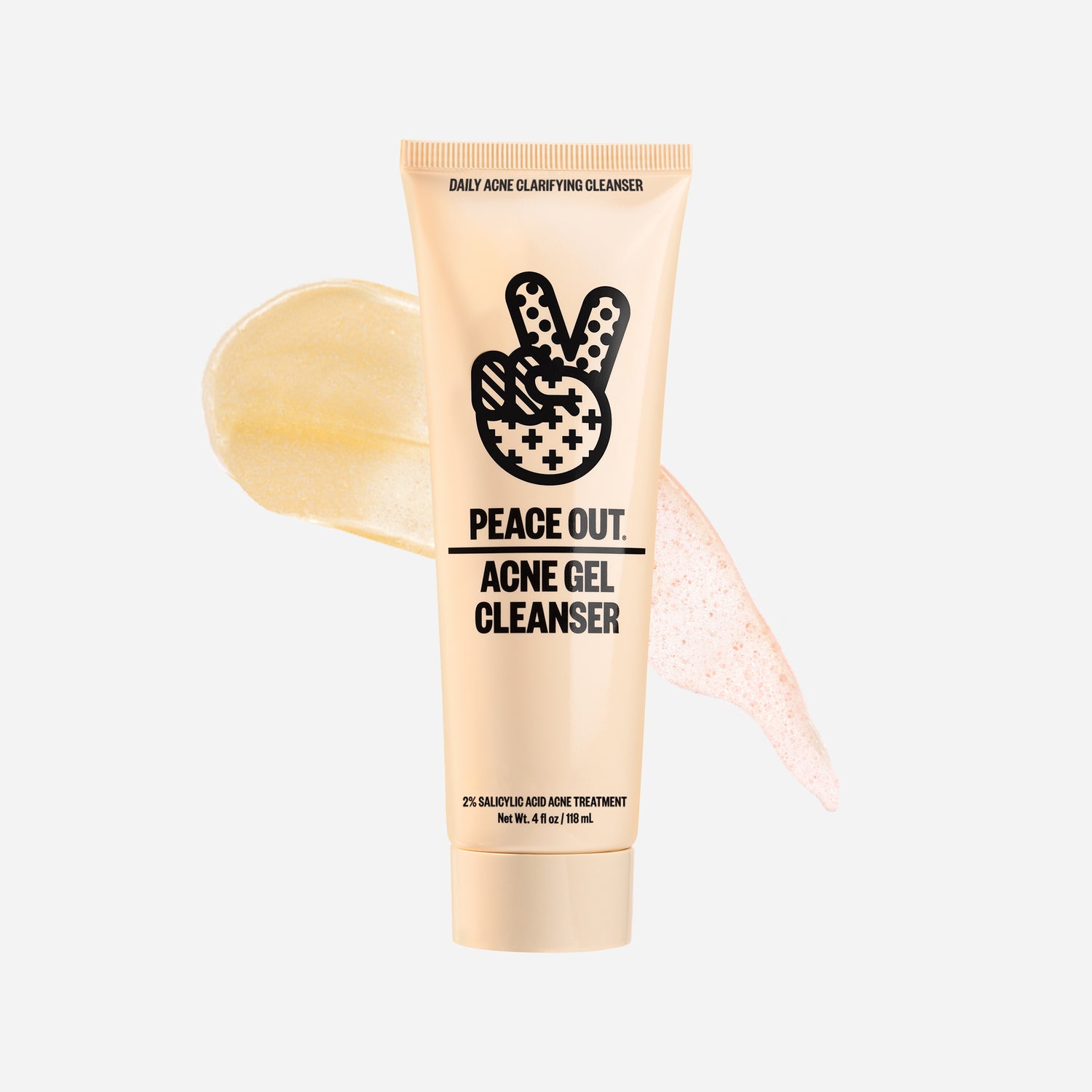 Tube of 'Peace Out' Acne Gel Cleanser with a peace sign logo on a white background