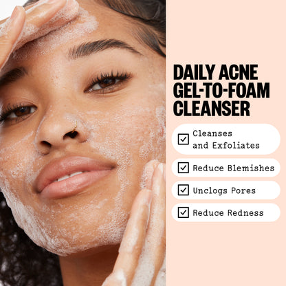 Woman cleansing her face with a daily acne gel-to-foam cleanser, showing text about product benefits.