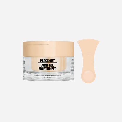 Peace Out Acne Gel Moisturizer tub with the peace-sign logo.