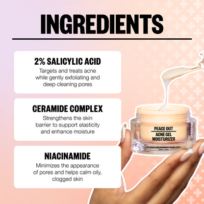Hand applying Peace Out Acne Gel Moisturizer, with step-by-step instructions.