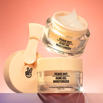 Before-and-after showing improved skin clarity after using Peace Out Acne Gel Moisturizer.