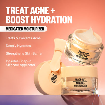 Peace Out Acne Gel Moisturizer with ceramide and hibiscus hydration complexes and texture details.