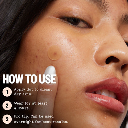 Close-up of a person applying a patch to their face with text on how to use it.