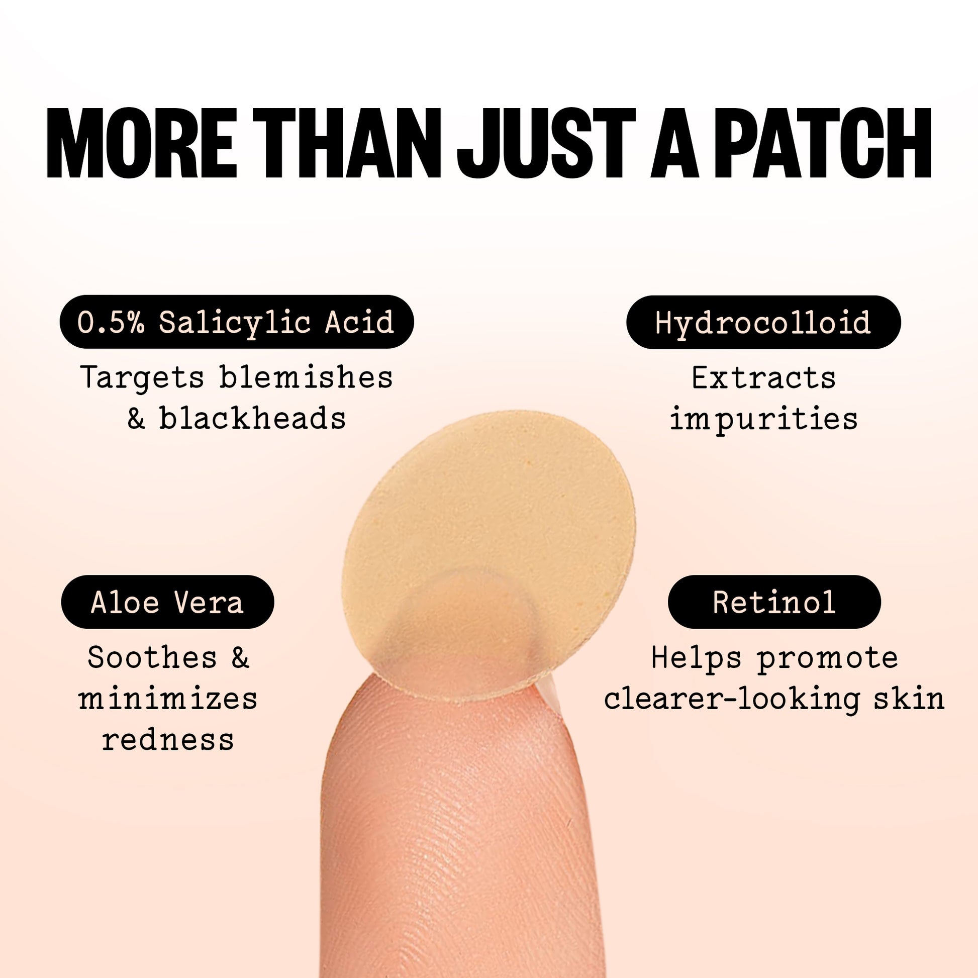 Skin patch on a finger with text detailing its ingredients and benefits