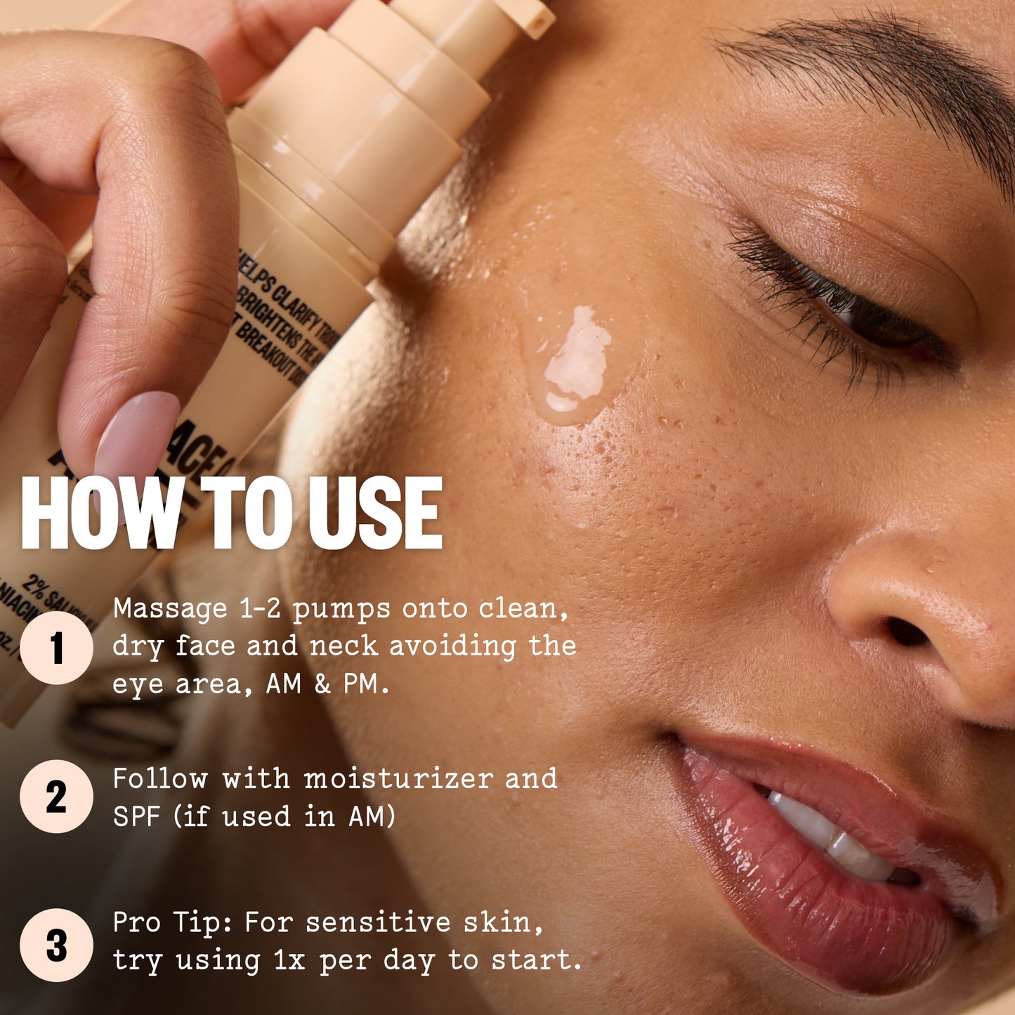 Close-up of a person applying Peace Out Acne Serum with text on how to use it.