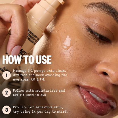 Close-up of a person applying Peace Out Acne Serum with text on how to use it.
