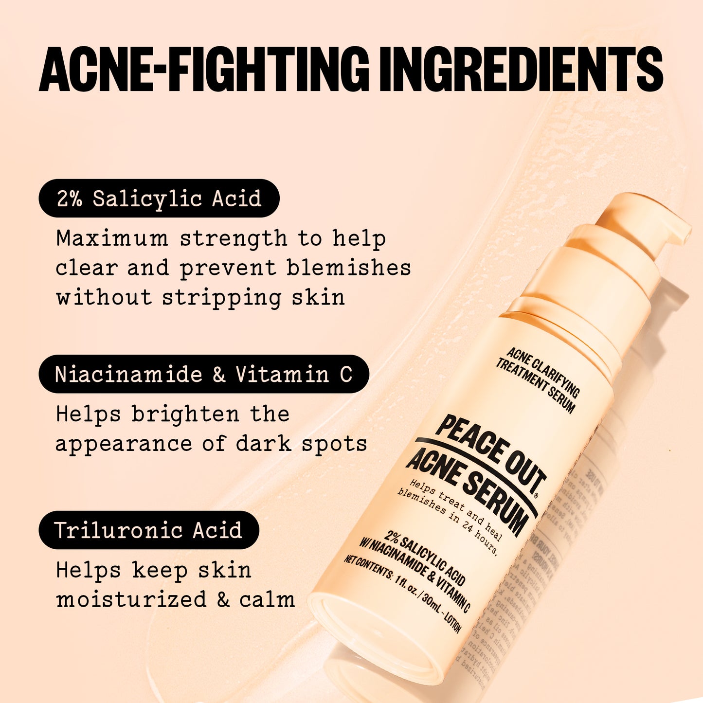 Peace Out Acne Serum with acne-fighting ingredients listed on a beige background