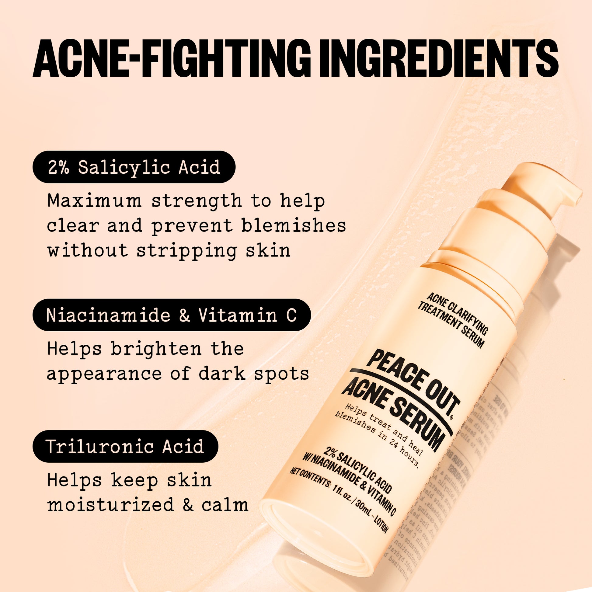 Peace Out Acne Serum with acne-fighting ingredients listed on a beige background