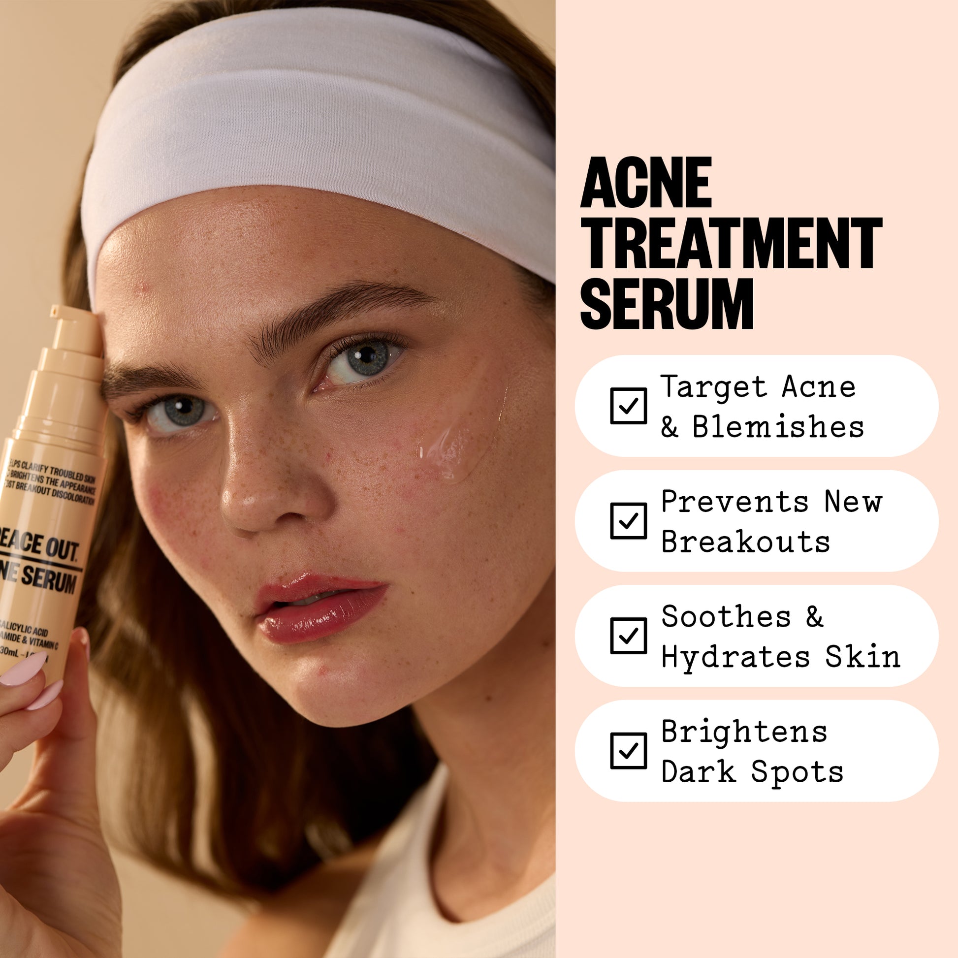 Woman holding a Peace Out Acne Serum with product features listed on the right.