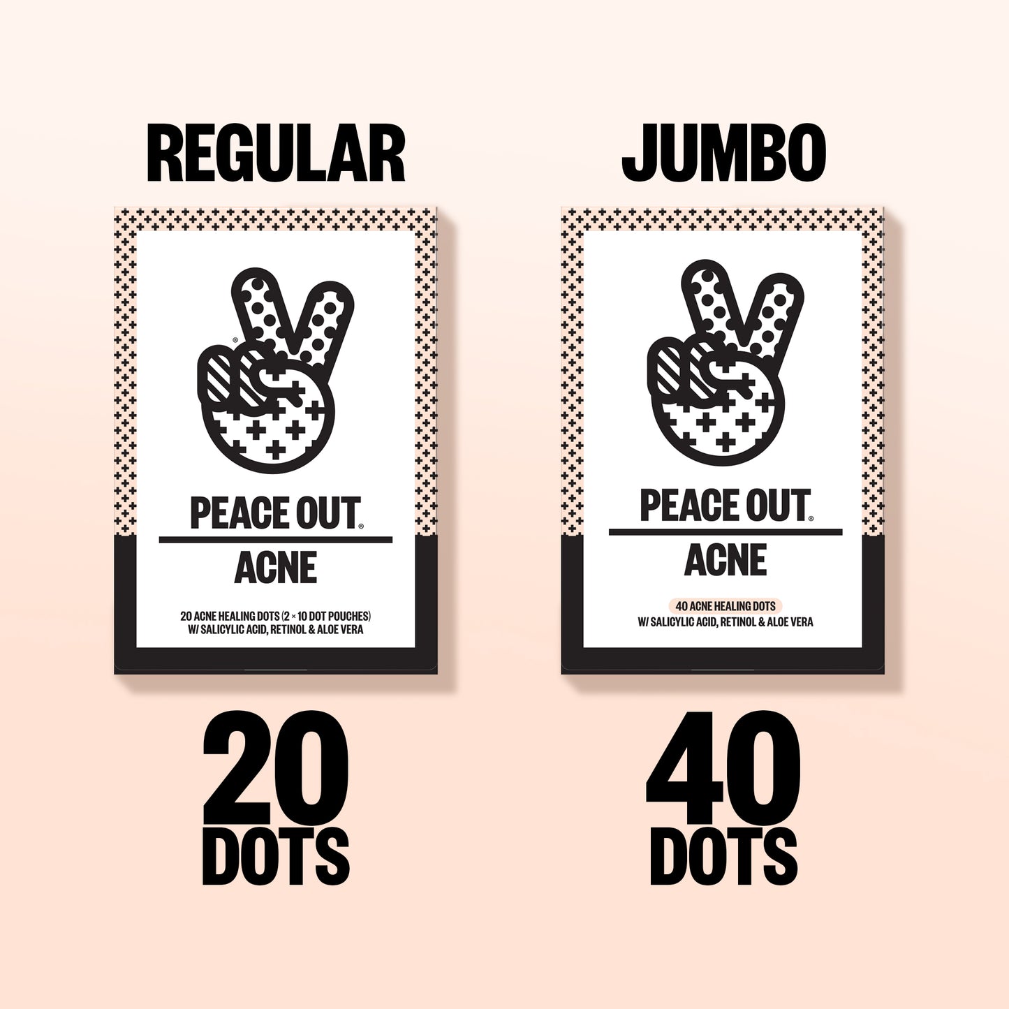 Two packages labeled 'Regular' and 'Jumbo' with peace sign graphics and text on a light pink background.