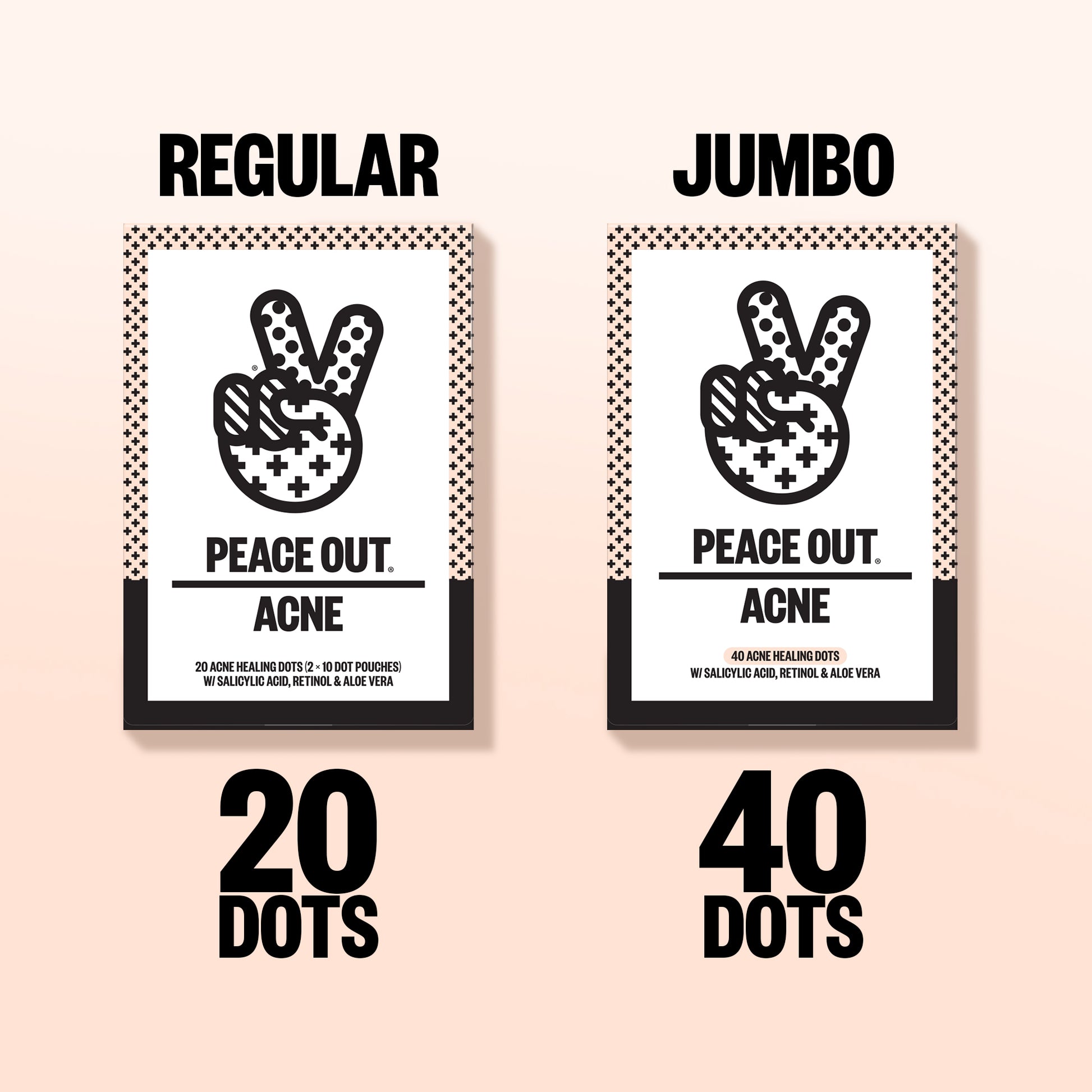 Two packages labeled 'Regular' and 'Jumbo' with peace sign graphics and text on a light pink background.