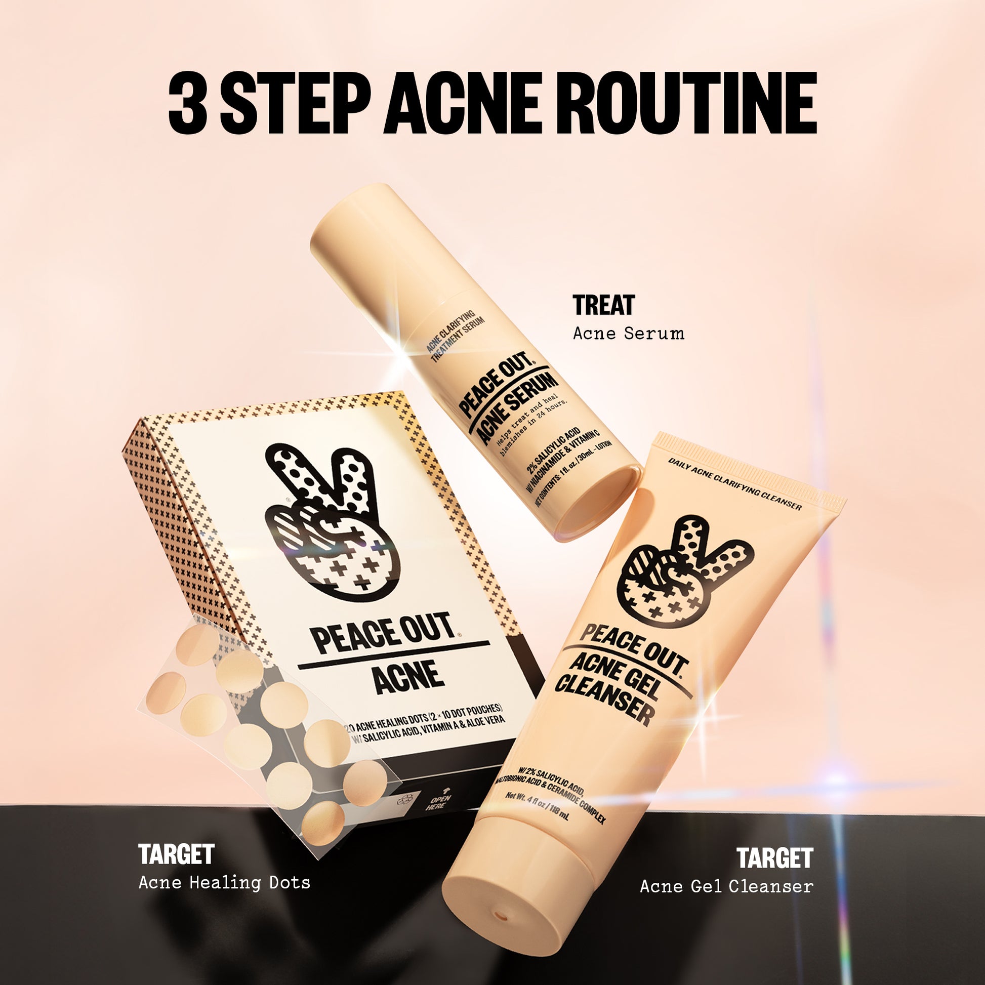 Three acne treatment products with 'Peace Out Acne' branding on a beige background.
