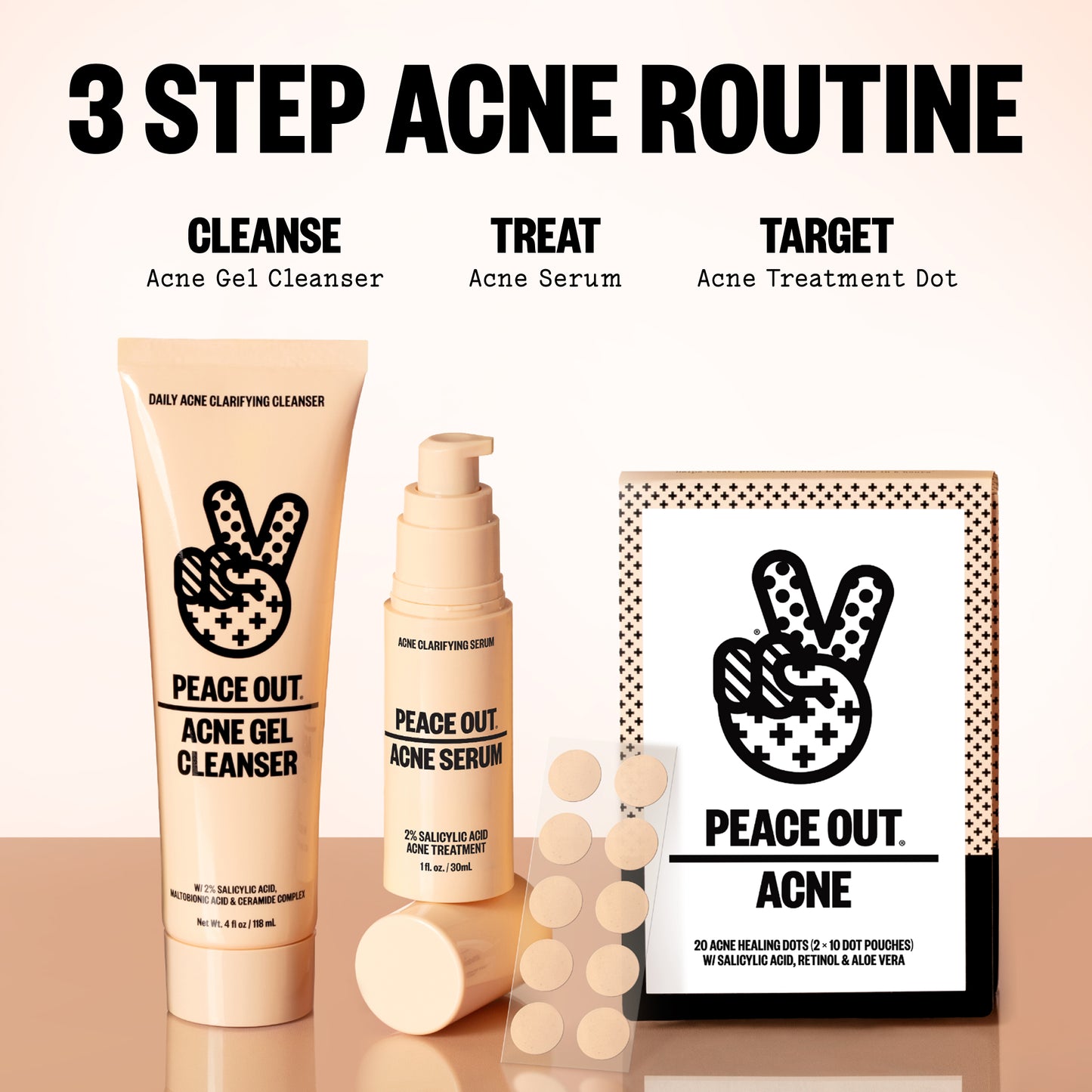 Three acne treatment products with 'Peace Out Acne' branding on a light pink background.