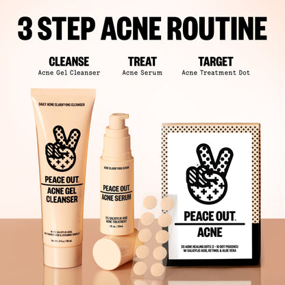 Three acne treatment products with 'Peace Out Acne' branding on a light pink background.