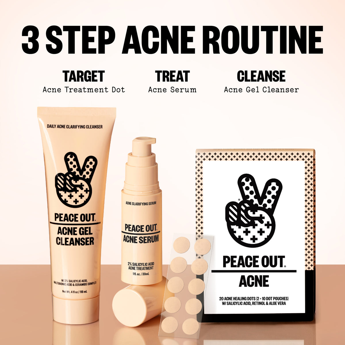3 Step Acne Routine Featuring Acne Treatment Dots, Acne Serum, & Acne Gel Cleanser
