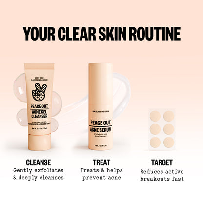 Peace Out Acne Care Kit routine: Acne Gel Cleanser to cleanse, Acne Serum to treat, patches to target.