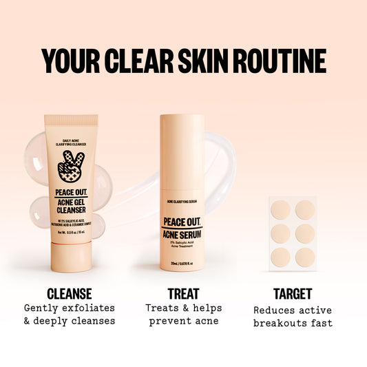 Your Skincare routine within the Peace Out Acne Care Kit featuring Acne Gel Cleanser with label "CLEANSE",  Acne Serum "TREAT", and Acne Treatment Dots "TARGET".