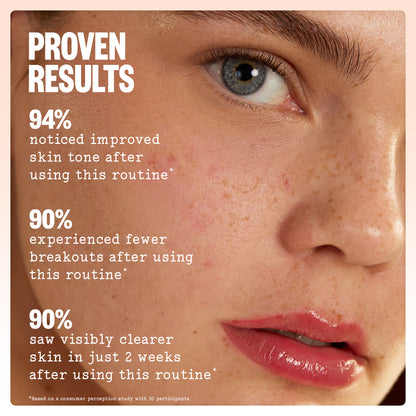 Woman's face with proven results statistics for the Peace Out Acne Care Kit routine.