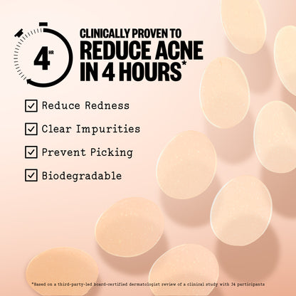 Peace Out acne patches on peach: clinically proven to reduce acne in 4 hours, biodegradable.