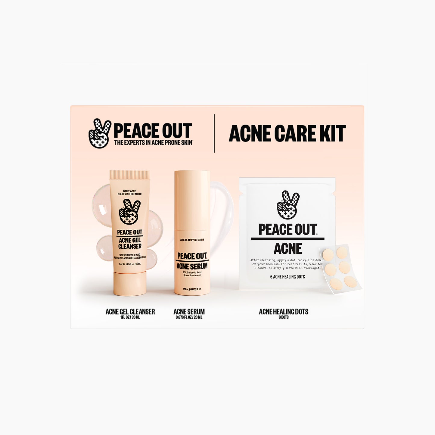 Peace Out Acne Care Kit featuring an Acne Gel Cleasner, Acne Serum, and an Acne Treatment Dots packet on a white background within a soft peach box.